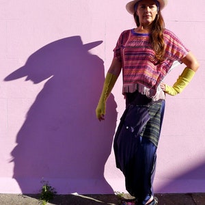 Silk Kimono Fringed Top Purple & Pink Digital Ikat Print T-Shirt Zero Waste Chiffon Blouse Made in England UK image 6