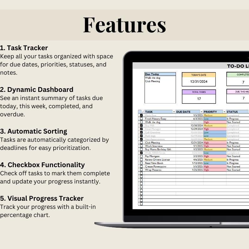 Task Sorting Functionality To-do List Template With Task Tracker | Digital Excel Spreadsheet ...