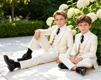 Boys First Communion Suit, White 3-Piece Set, Slim Fit, Stretch Fabric