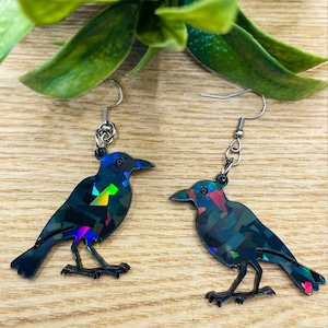 Grackle Bird Color Changing in Light Earrings (Also comes in solid black and a solid black with hint of yellow eyes as requested)