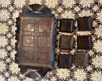 Vintage Leather Tray coaster, trinket, handmade, embossed leather