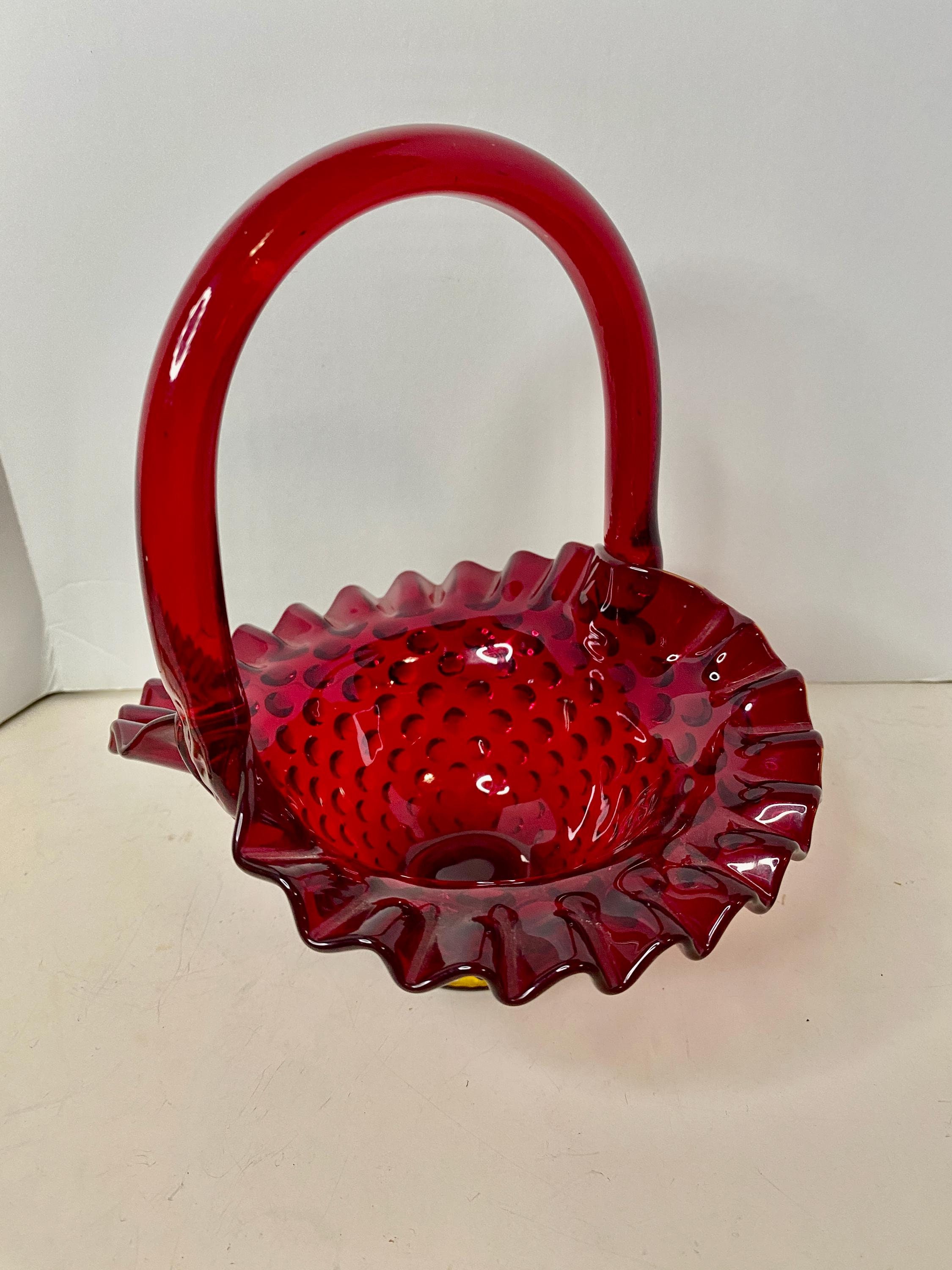 フェントン　アメリカ　ビンテージ　バスケット　ホブネイル Vintage FENTON Art Glass Colonial Blue Hobnail Ruffled Edge
