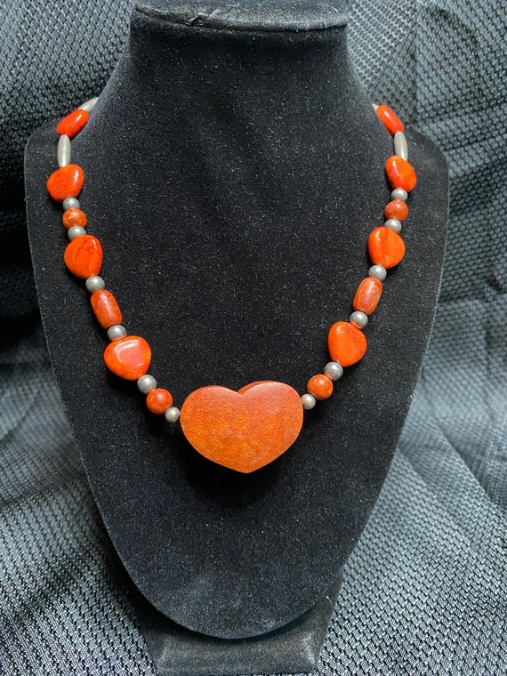 vintage jewelry Red Jasper stone 925 bead heart ne