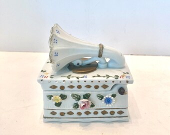 Vintage Ceramic Phonograph Toothpick Storage Record Player Jewelry Trinket Box, Capodemonte Italy