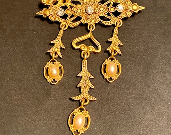Vintage Victorian style drop dangle Brooch, Gold tone faux pearl crystal brooch
