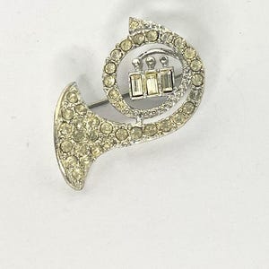 Vintage Jewelry Rhinestone Silver tone French Horn