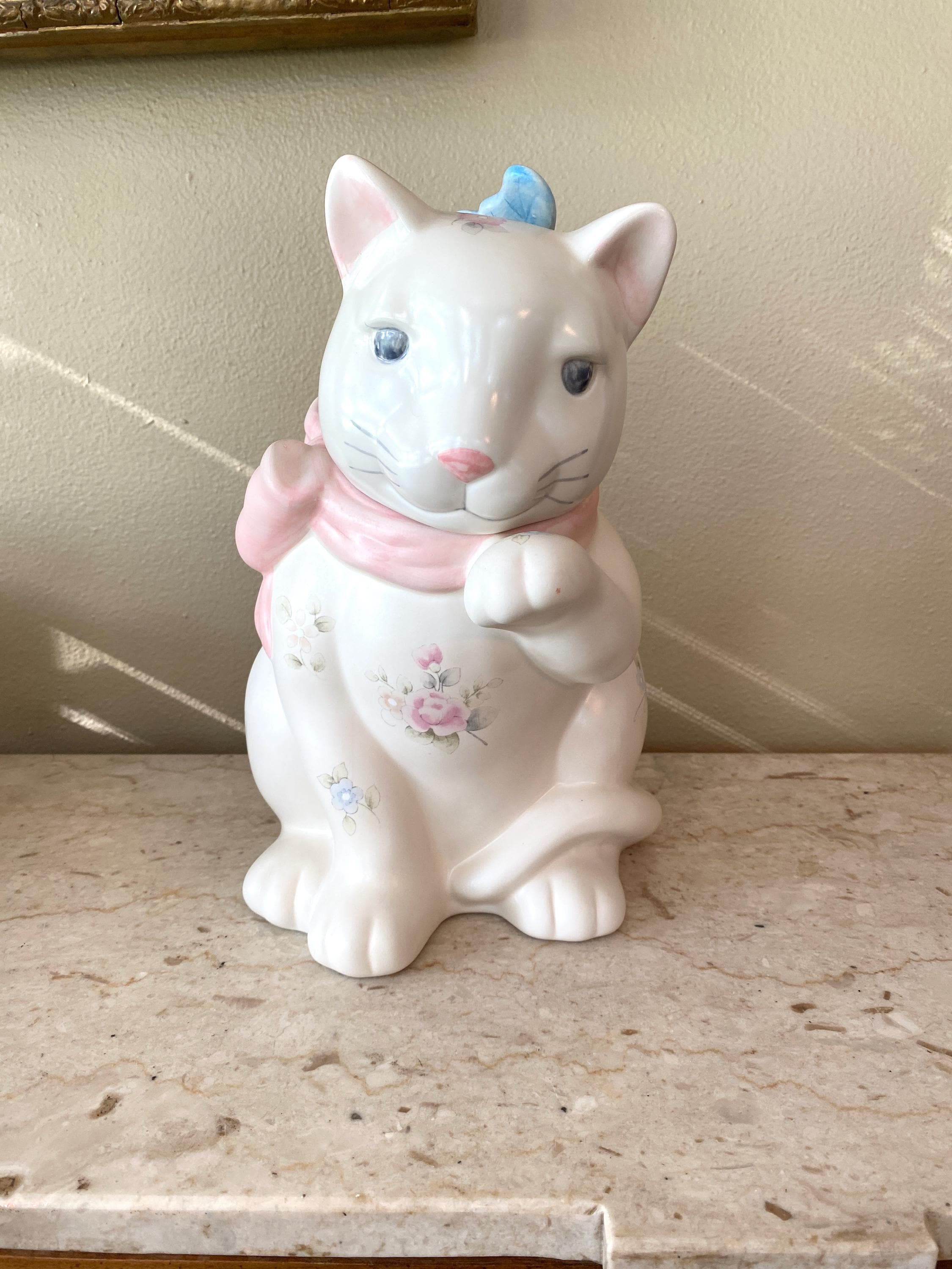 Pfaltzgraff Tea Rose Cat W/ Bow & Butterfly Cookie Jar - Etsy