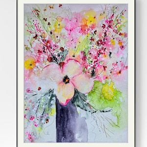 Quadro murale originale firmato e dipinto ad acquerello. Fiori di melo e fragole. 30x40 cm. Floreale in oro, rosa e giallo. Stile bohémien. Quadro murale romantico.