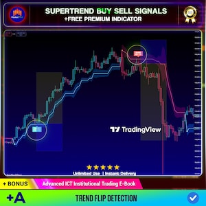 Könnte beinhalten: Ein digitales Finanzdiagramm auf dunklem Hintergrund, das Supertrend-Kauf- und Verkaufssignale mit Kerzenmustern, Trendlinien und TradingView-Branding anzeigt. Die Grafik enthält Textbeschriftungen wie Supertrend Buy Sell Signals, Free Premium Indicator und Advanced ICT Institutional Trading E-Book.