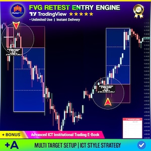 May include: A digital trading chart titled FVG RETEST ENTRY ENGINE for TradingView. The graphic displays candlestick patterns with red and blue highlighted zones, directional arrows, and text labels indicating market retest levels and target points.