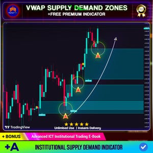 Może przedstawiać: Cyfrowy wykres handlu finansowego zatytułowany VWAP SUPPLY DEMAND ZONES +FREE PREMIUM INDICATOR. Wykres przedstawia czerwone i turkusowe wzory świecowe, zaznaczone strefy podaży i popytu, żółte ikony strzałek oraz białą linię trendu wzrostowego.