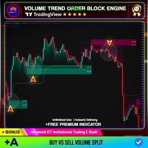May include: A digital financial trading chart titled Volume Trend Order Block Engine. The chart displays red and green candlestick patterns on a black background with highlighted order blocks, directional arrows, and text labels for buy and sell volume.