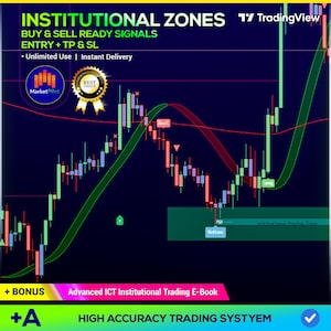 May include: A digital graphic with the text "INSTITUTIONAL ZONES" and "BUY & SELL READY SIGNALS". The image features a candlestick chart with green and red bars, and the TradingView logo. Additional text includes "Entry + TP & SL".