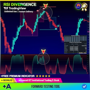 May include: A digital financial chart displaying RSI Divergence with red and cyan candlestick patterns on a dark background. The interface includes TradingView branding, performance metrics, yellow arrow indicators, and text labels including RSI DIVERGENCE, Unlimited Use, Instant Delivery, and Advanced ICT Institutional Trading E-Book.