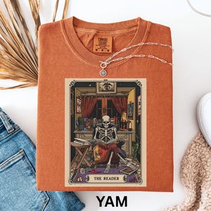 Comfort Colors® The Reader Tarot Card Shirt, Skeleton Reading Shirt, Unisex Tarot Card Shirt, Book Lover Gift, Bookish Gift,Tarot Lover Gift
