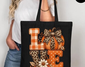 Halloween Love Patchwork Tote Bag, Spooky Patchwork Canvas Bag, Funny Halloween Gift Tote, Cute Patchwork Halloween Bag, Halloween Love Tote