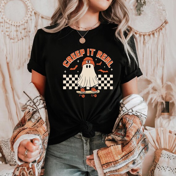 Custom ‘Creep It Real’ Halloween T-Shirt – Vintage Ghost Skater Design, Family Matching Tees For Toddler, Youth & Adults