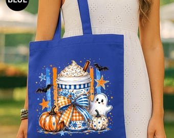 Coffee Ghost Pumpkin Tote Bag, Halloween Fall Carryall, Spooky Cafe Lover Gift, Cozy Autumn Shopper, Cute Seasonal Bag