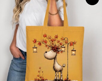 Cute Autumn Giraffe Flower Tote Bag, Fall Animal Carryall, Floral Nature Shopper, Cozy Harvest Gift, Woodland Lover Bag