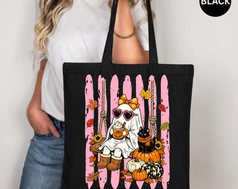 Halloween Fall Pumpkin Ghost Tote Bag, Spooky Autumn Tote, Cute Ghost Pumpkin Bag, Halloween Gift, Fall Shopping Bag, Trick Or Treat Tote