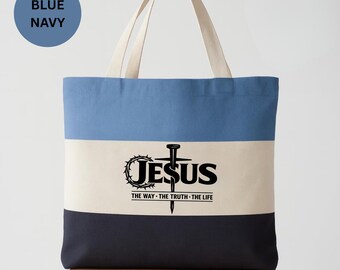 Jesus The Way Truth Life Tote Bag, Christian Faith Canvas Bag, Bible Verse Gift Tote, Faith Based Tote Bag, 3 Color Christian Tote