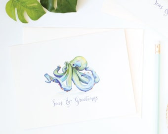 BOXED CHRISTMAS CARDS, Coastal Octopus Designed Using My Original Watercolor Art, Beach Merry Christmas Greeting Seas and Greetings Nautical