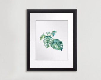 Tropical Watercolor Greenery Print with Mat and Frame, Monstera Leaf, Palm Leaves in Shades of Blue Green and Turquoise Botanical Art