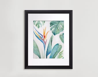 Tropical Watercolor Print with Mat and Frame, Bird of Paradise Flower, Monstera Leaf, Banana Leaf in Shades of Blue Green and Turquoise