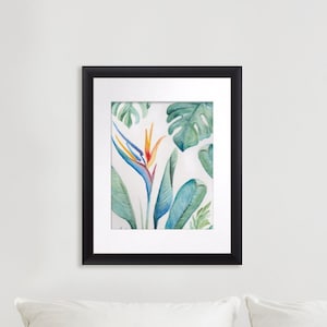 Tropical Watercolor Print with Mat and Frame, Bird of Paradise Flower, Monstera Leaf, Banana Leaf in Shades of Blue Green and Turquoise