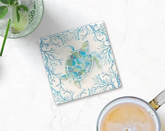 Sea Turtle Gifts, Stone Coaster in Shades of Blue, Turquoise and Green