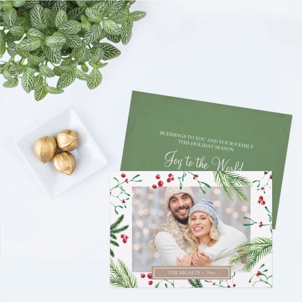 Photo Christmas High Quality Printed Flat GREETING CARD, Festive Holiday Design, December Wedding Save The Date or Engagement Announcement
