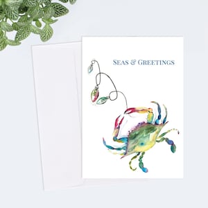 10 Cards Coastal Christmas Seas and Greetings Card Designed With My Original Watercolor Crab with Holiday Lights Artwork