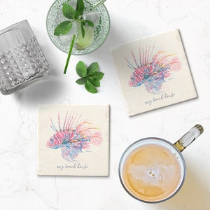 Tropical Fish Gifts, A Pair of Lionfish Stone Coaster in Shades of Blue and Coral