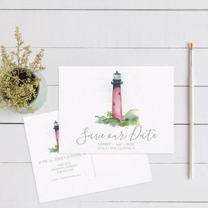 Save The Date Postcard Printed Tropical Watercolor Florida Wedding with Coastal Jupiter Lighthouse