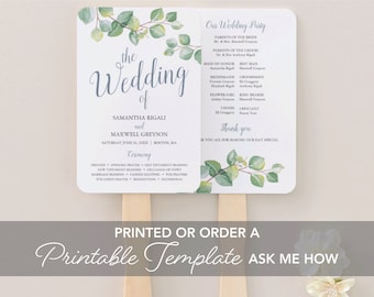 Wedding Program Fan, Eucalyptus Watercolors and Leaves, Customized Ceremony Program, Printed Summer Greenery Hand Fan Assembled, Typography