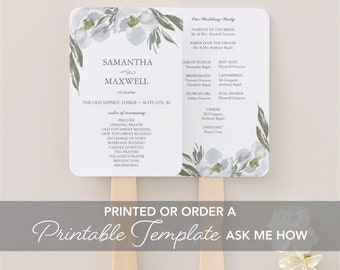 Floral WEDDING PROGRAM FAN, Grey Watercolor Flowers and Greenery Hand Fan, 4x6 Wedding Timeline Printed Paddle Fan