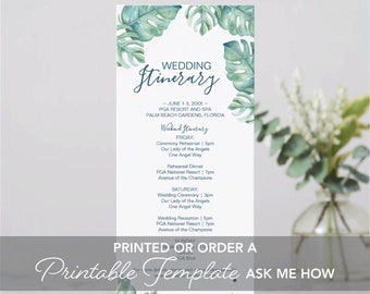 Wedding Timeline, Watercolor Tropical Leaves, Customized Itinerary, Printed Summer Destination Greenery, Unique Tea Length 4x9