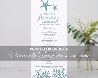 Wedding Timeline, Starfish and Coral, Customized Itinerary, Printed Summer Destination Beach or Ocean Theme, Unique Tea Length 4x9