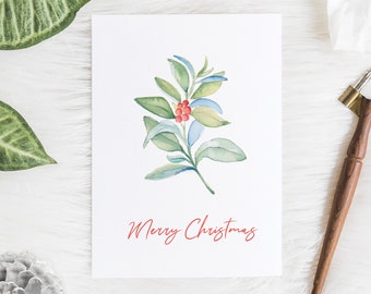 Christmas Cards Pack of 10 Folded Cards Watercolor Botanical Leaves & Berries by Victoria Grigaliunas