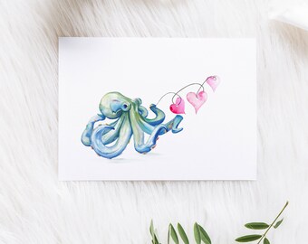 Valentine's Day Greeting Card Designed With My Original Watercolor Blue Octopus & Hearts Artwork on Super Thick Card-stock Inside Pink