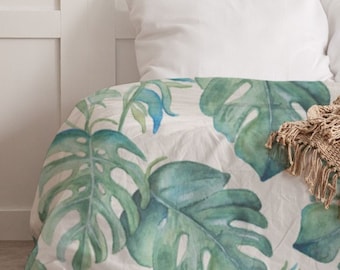 Tropical Watercolor Greenery Duvet Cover, Monstera Leaf, Palm Leaves in Shades of Blue Green and Turquoise Botanical Bedding