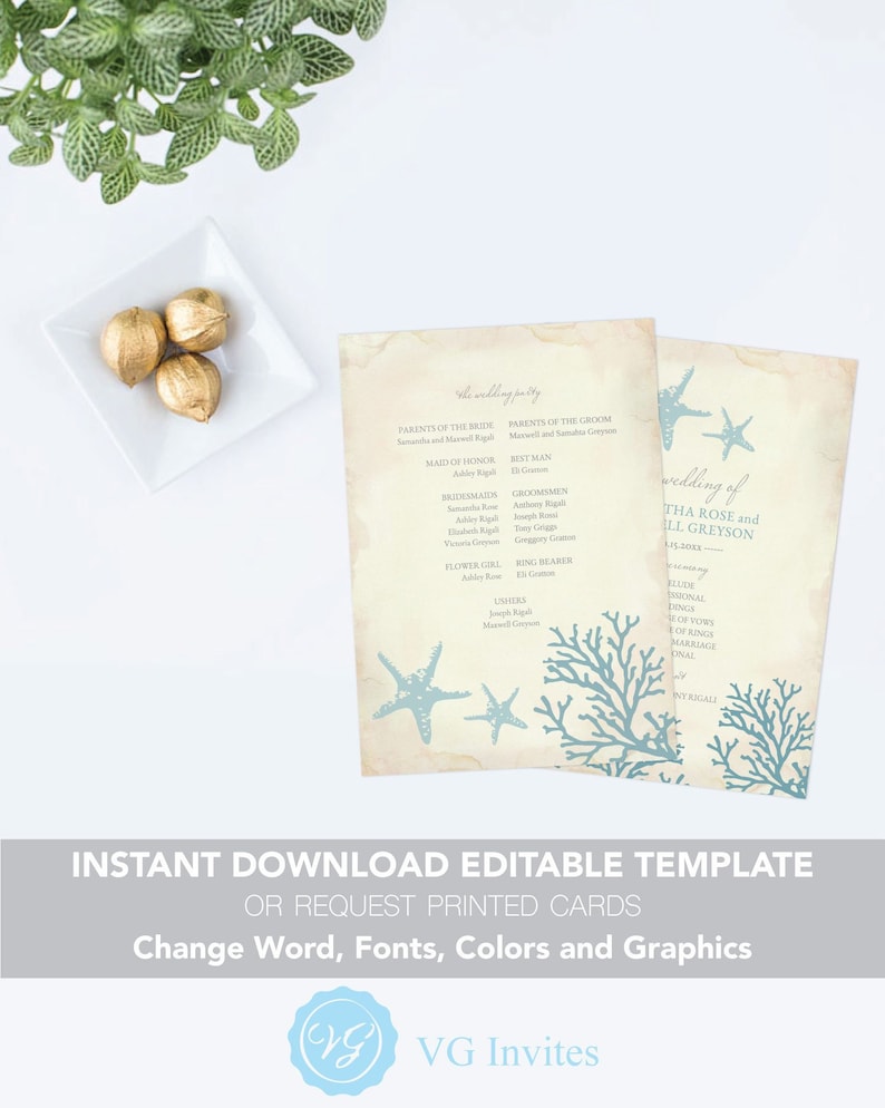 Print Your Own 5x7 Printable Order of Service Starfish and Coral Instant Download Templett Wedding Beach DIY Editable Wedding Program