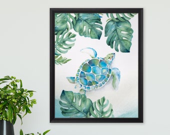 Tropical Watercolor Greenery Print with Sea Turtle, Frame, Monstera Leaf, Palm Leaves in Shades of Blue Green and Turquoise Botanical Art