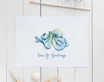 Pack of 10 Folded Holiday Cards with White Envelopes Watercolor Blue Octopus Christmas Cards by Victoria Grigaliunas
