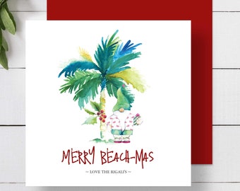 Tropical Christmas Card Unique Watercolor Elf and Palm Tree