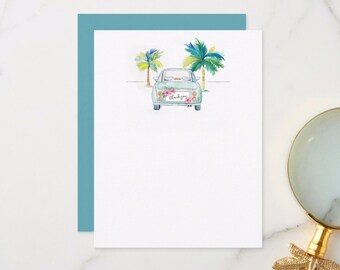 Car and Palm Trees - 1 Blank Flat Card Designed With My Original Watercolor Coastal Artwork on Super Thick Cardstock, Back is Green