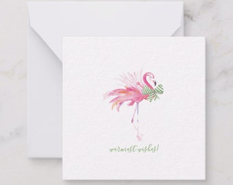 Printed Tiny Watercolor Pink Flamingo Tropical Christmas Note Cards, Size 2.5 x 2.5, Unique Mini Cards With Envelopes, Original Art, Script