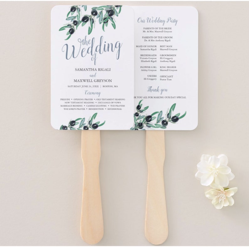 Printed Summer Greenery Hand Fan Assembled Wedding Program Fan Typography Olive Branch Watercolors and Leaves Customized Ceremony Program