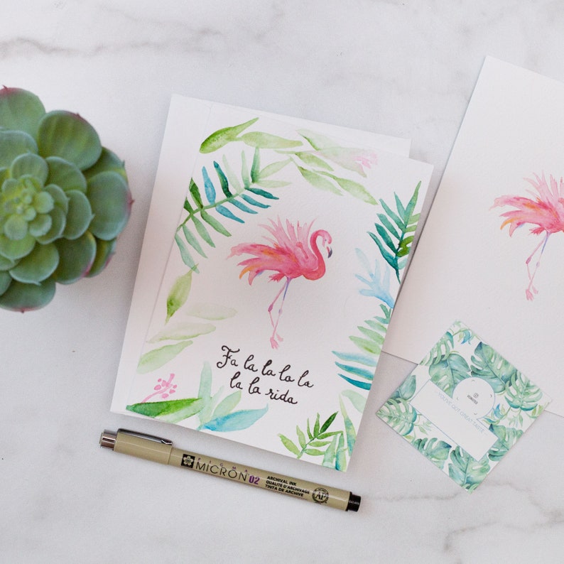 Custom Hand Lettered Calligraphy Cards with a White Envelope Hand Painted Watercolor CHRISTMAS CARDS Tropical Flamingo and Greenery