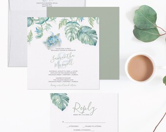Printed WEDDING INVITATION, Envelopes & RSVP Set, Tropical Watercolor Monstera Palm Leaves Greenery and Sea Turtle Wedding Suite